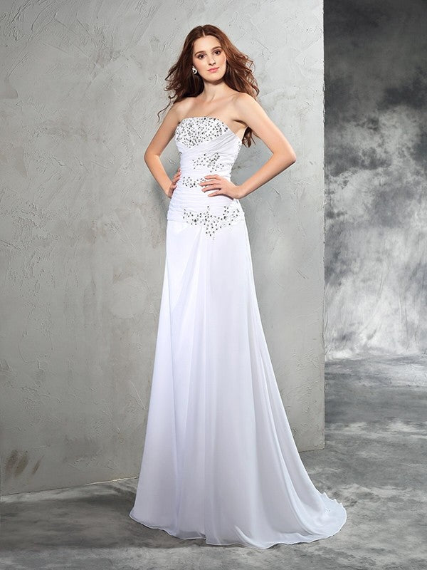 Sheath/Column Strapless Beading Sleeveless Long Chiffon Wedding Dresses