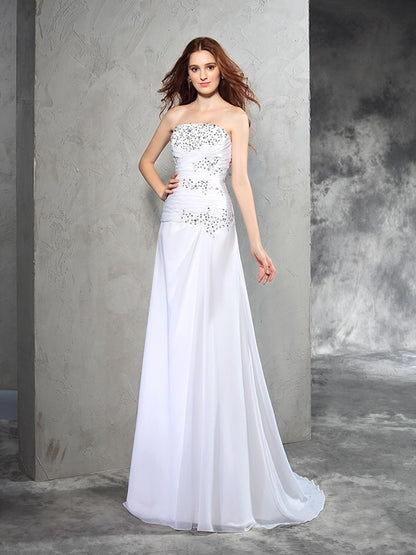 Sheath/Column Strapless Beading Sleeveless Long Chiffon Wedding Dresses