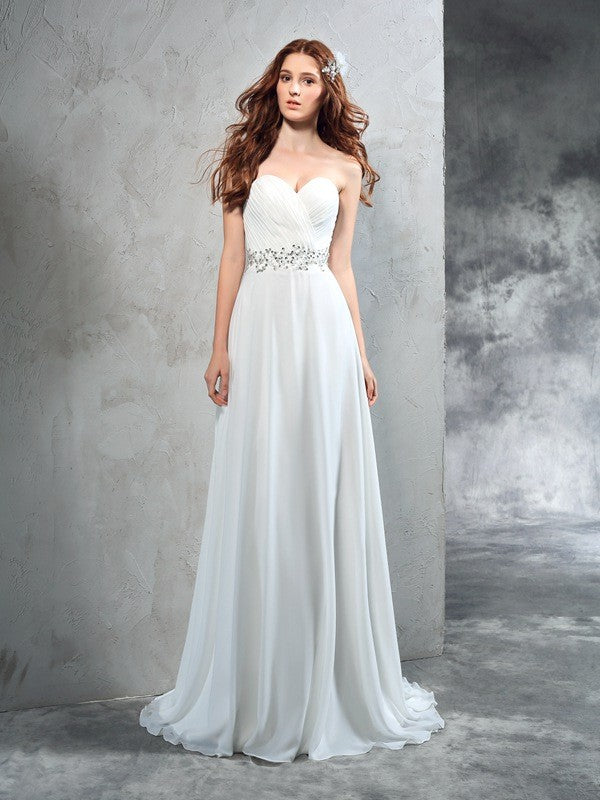 A-Line/Princess Sweetheart Pleats Sleeveless Long Chiffon Wedding Dresses