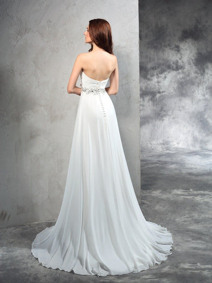 A-Line/Princess Sweetheart Pleats Sleeveless Long Chiffon Wedding Dresses