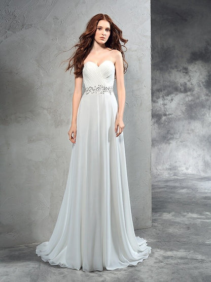 A-Line/Princess Sweetheart Pleats Sleeveless Long Chiffon Wedding Dresses