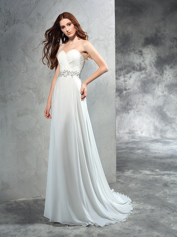 A-Line/Princess Sweetheart Pleats Sleeveless Long Chiffon Wedding Dresses