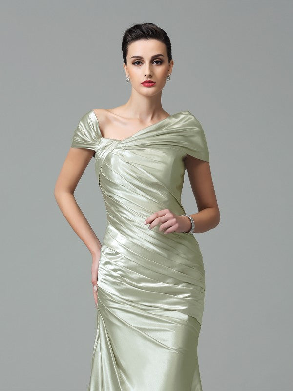 Sheath/Column Off-the-Shoulder Pleats Sleeveless Long Silk like Satin Dresses