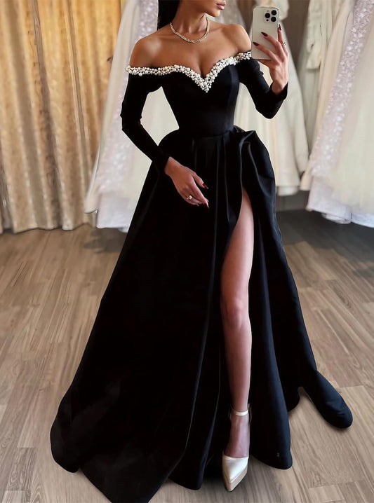 A-line sexy evening dress formal ball dress big swing/brush long sleeved off shoulder satin pearl slit 2024