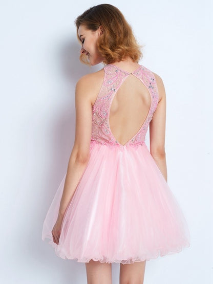 A-line/Princess Sleeveless Jewel Short/Mini Net Ruffles Dresses