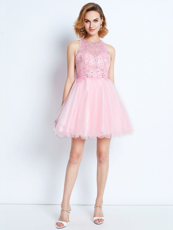 A-line/Princess Sleeveless Jewel Short/Mini Net Ruffles Dresses