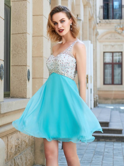 A-line/Princess Sleeveless One-Shoulder Beading Chiffon Short/Mini Dresses