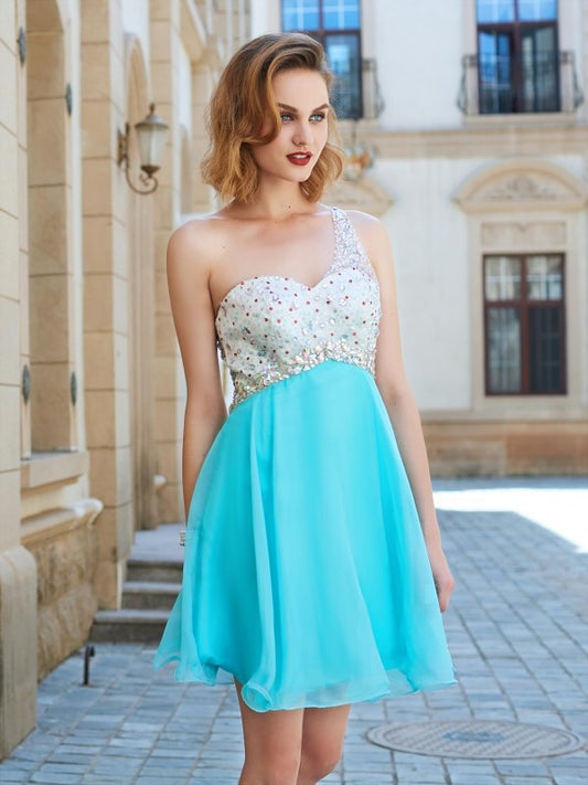 A-line/Princess Sleeveless One-Shoulder Beading Chiffon Short/Mini Dresses