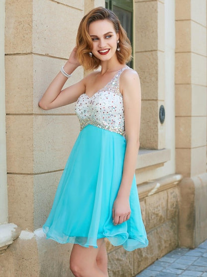 A-line/Princess Sleeveless One-Shoulder Beading Chiffon Short/Mini Dresses