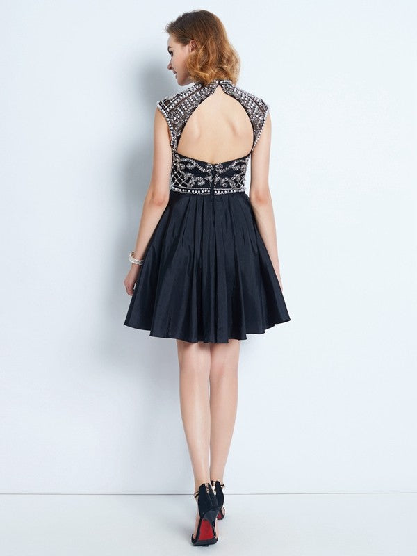 A-Line/Princess Sleeveless High Neck Beading Short/Mini Satin Dresses