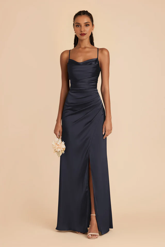 Thin shoulder strap pleated collar matte satin fish tail slit bridesmaid dress