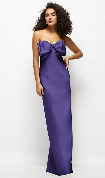 Handmade oversized bow strapless satin long bridesmaid dress