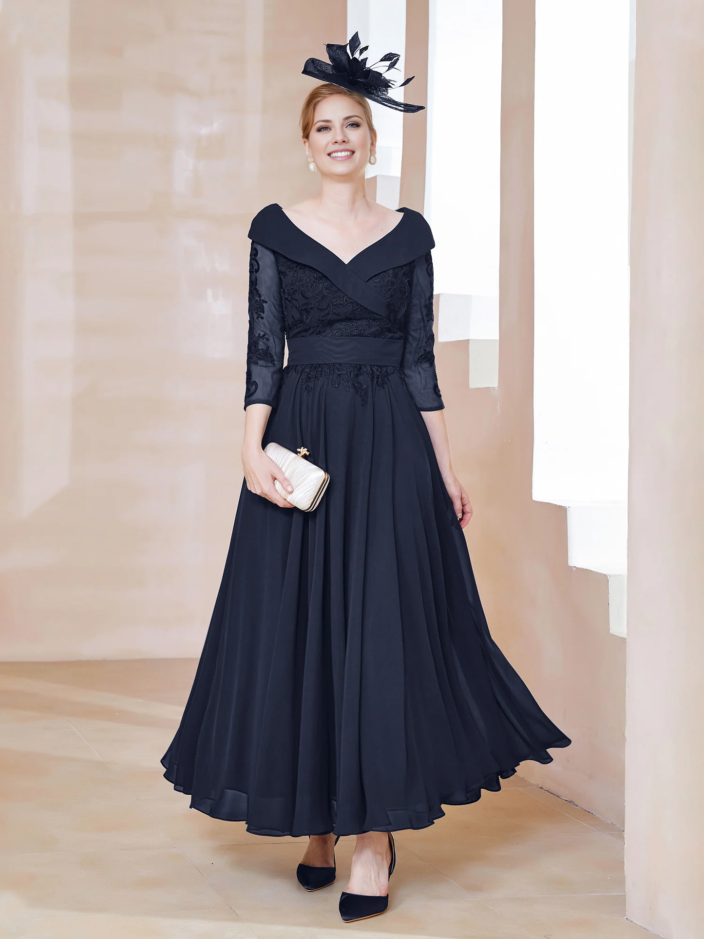 A-shaped V-neck applique chiffon mother of the bride dress