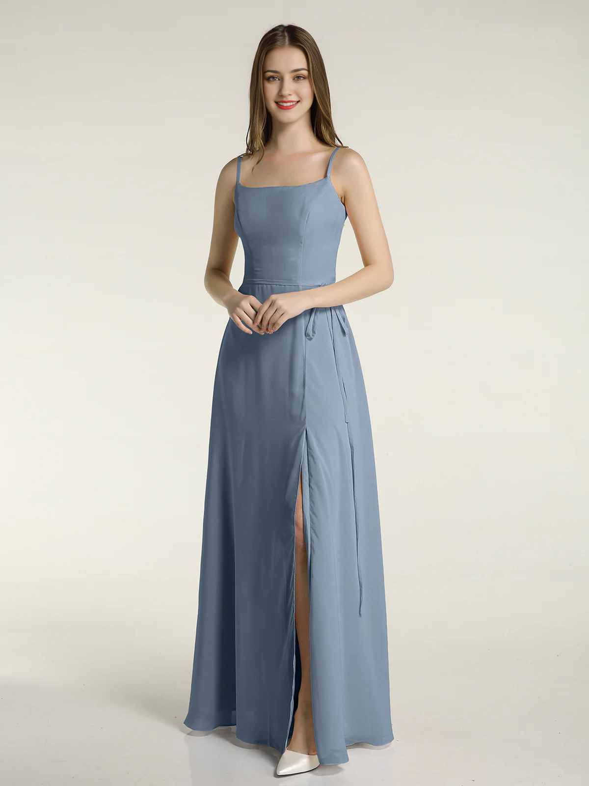 Simple slim shoulder strap slit chiffon dress