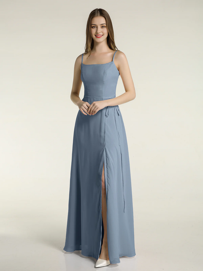 Simple slim shoulder strap slit chiffon dress