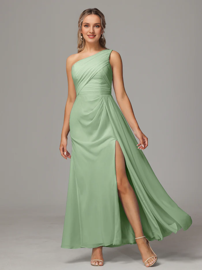 One shoulder and floor length chiffon bridesmaid dress