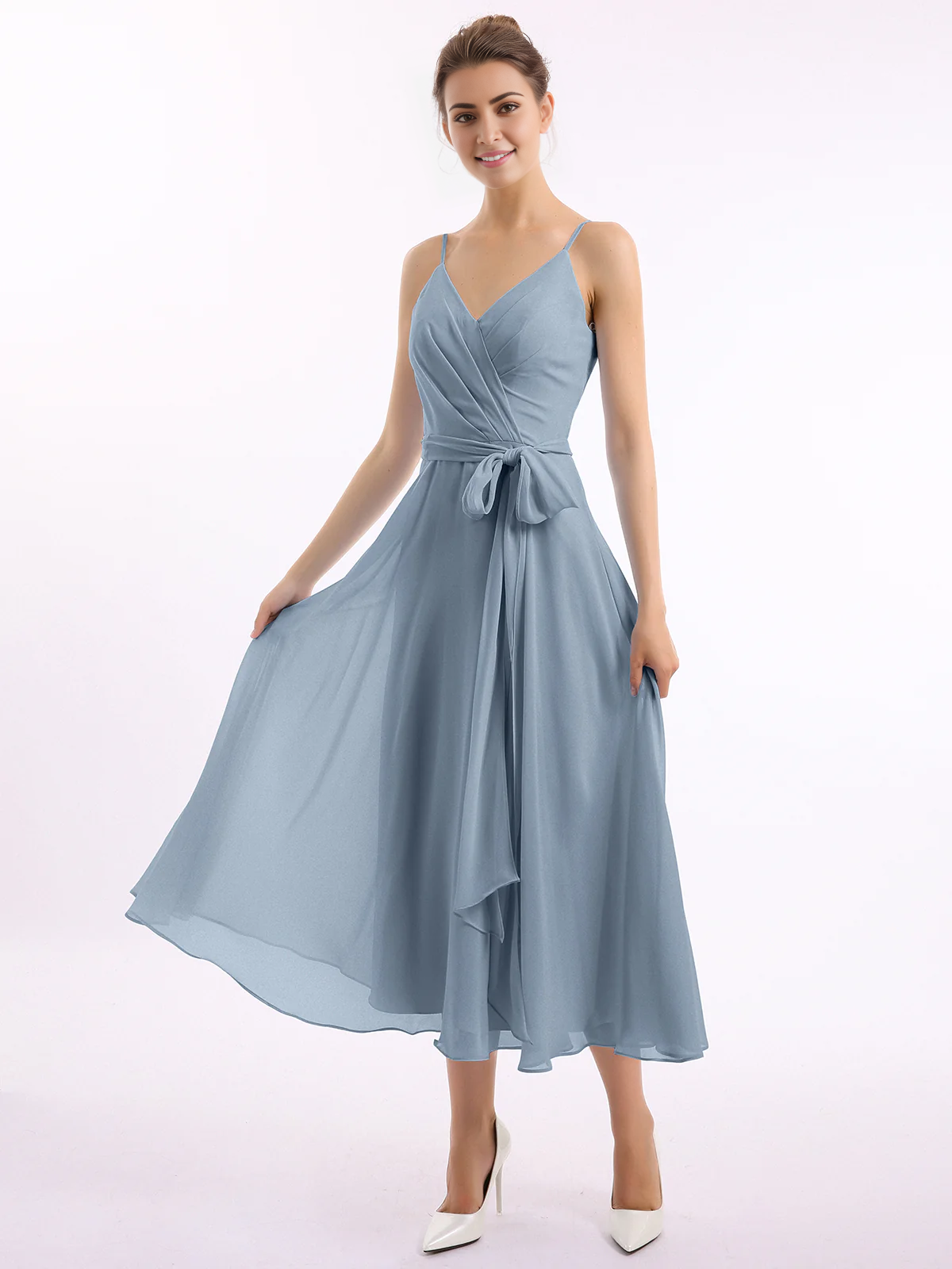 Belt bow thin shoulder strap long dress