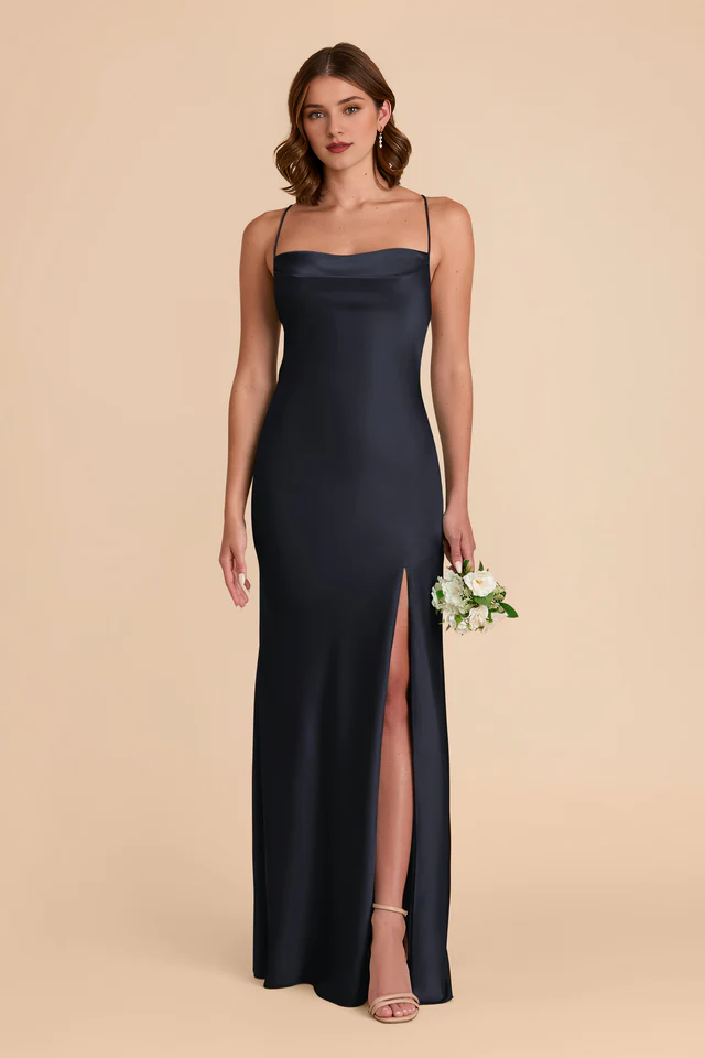 A-line neck hanging thin shoulder strap scarf with slit bridesmaid dress