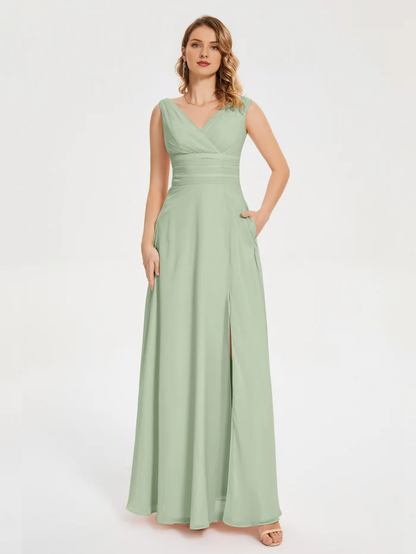 Minimally designed V-neck pocket bridesmaid dress