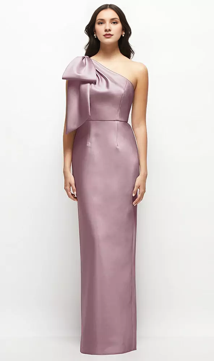 One shoulder bow satin long bridesmaid dress