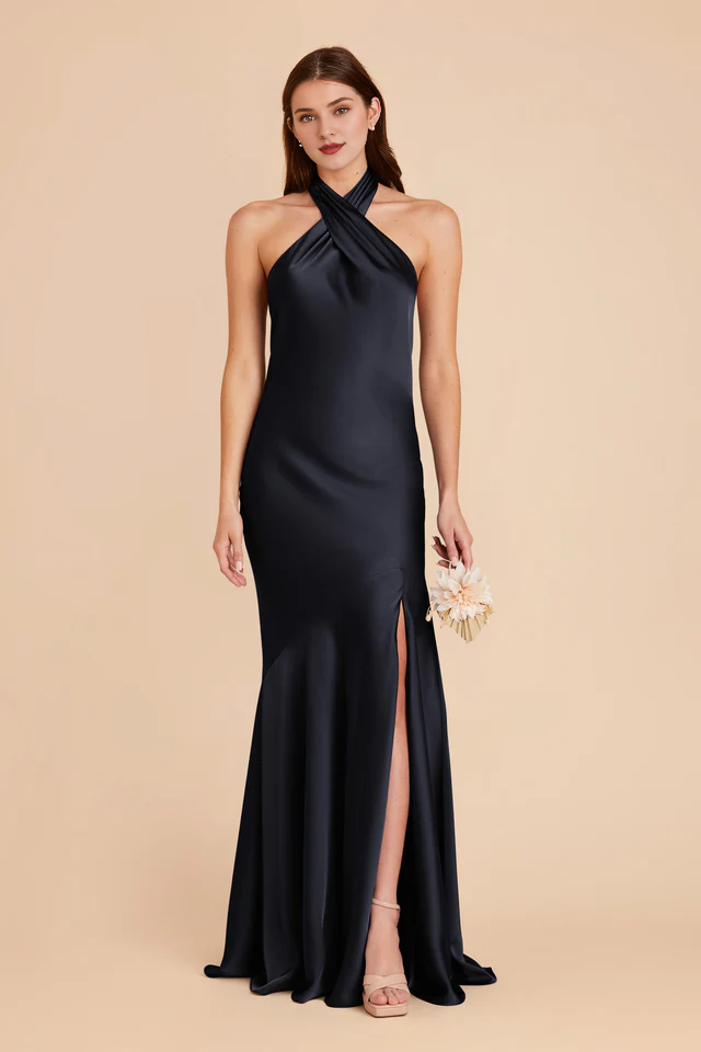 A-line diagonal seam front cross slit hanging neck bridesmaid dress