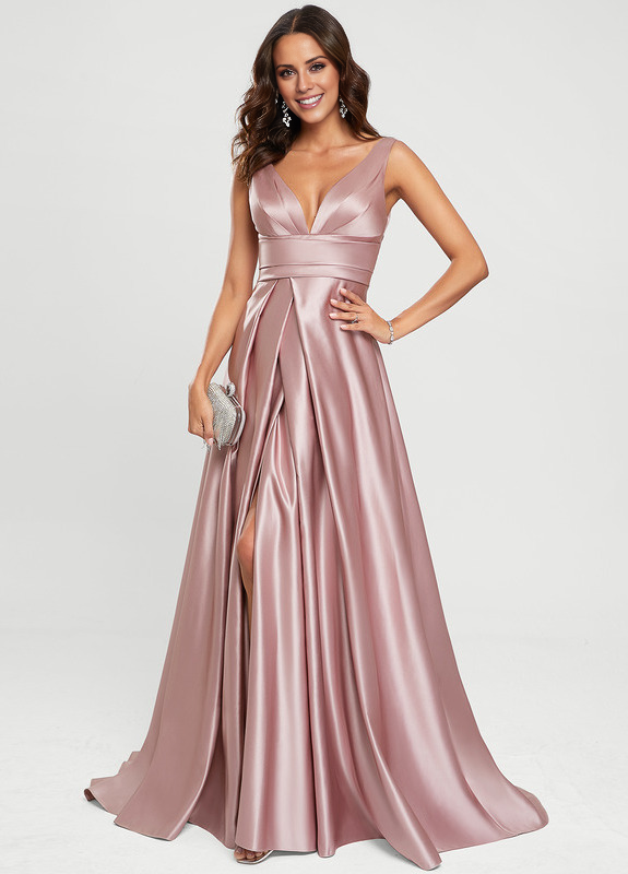 V-Neck Floor-Length Satin Prom Dress Mist