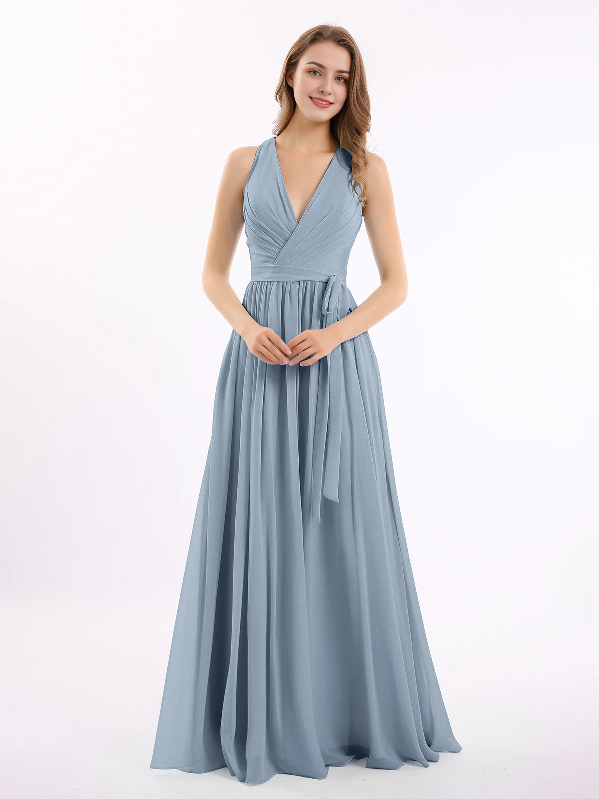 Deep V-neck belt bow chiffon dress