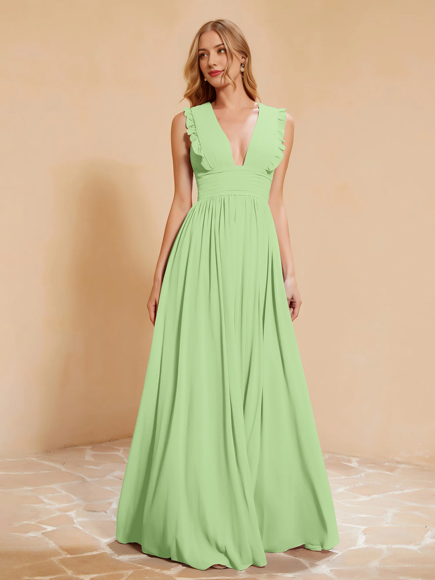 Deep V-neck ruffled pleated bridesmaid dress