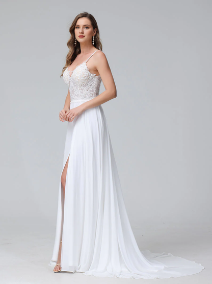 A-line thin shoulder strap V-neck sleeveless long chiffon wedding dress