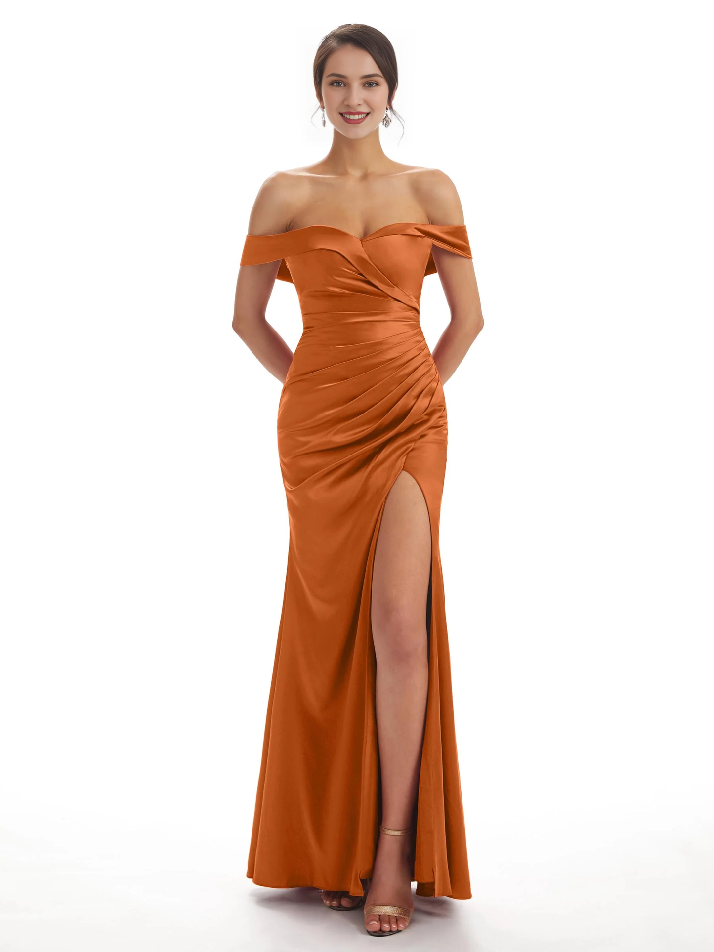 Sexy side slit shoulder fishtail soft satin bridesmaid dress