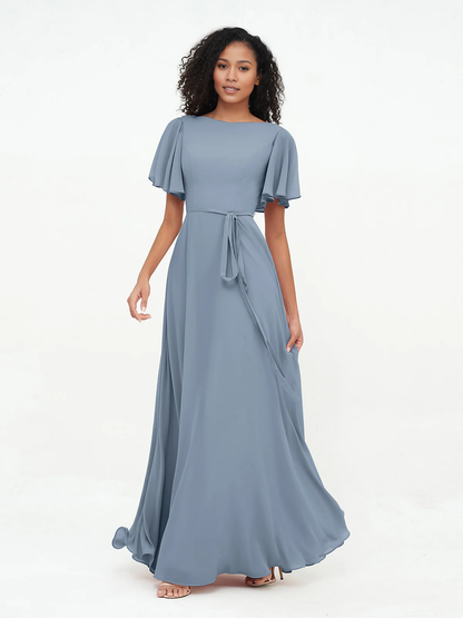 Bow fluttering sleeves chiffon bridesmaid dress