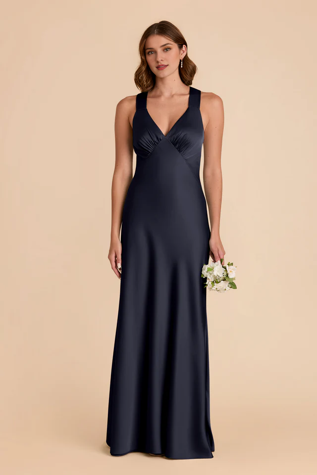 A-line skirt with crossed back and deep V-shaped matte satin bridesmaid dress