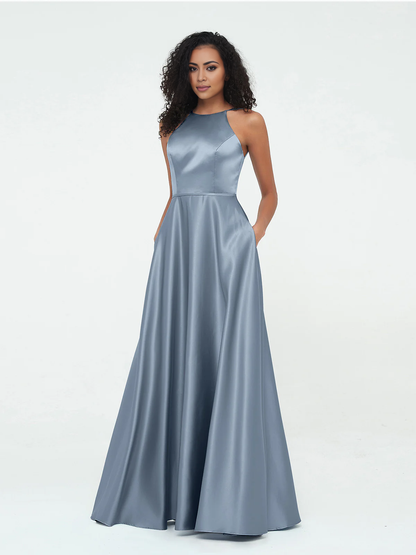 A-line hanging neck large pocket satin dress