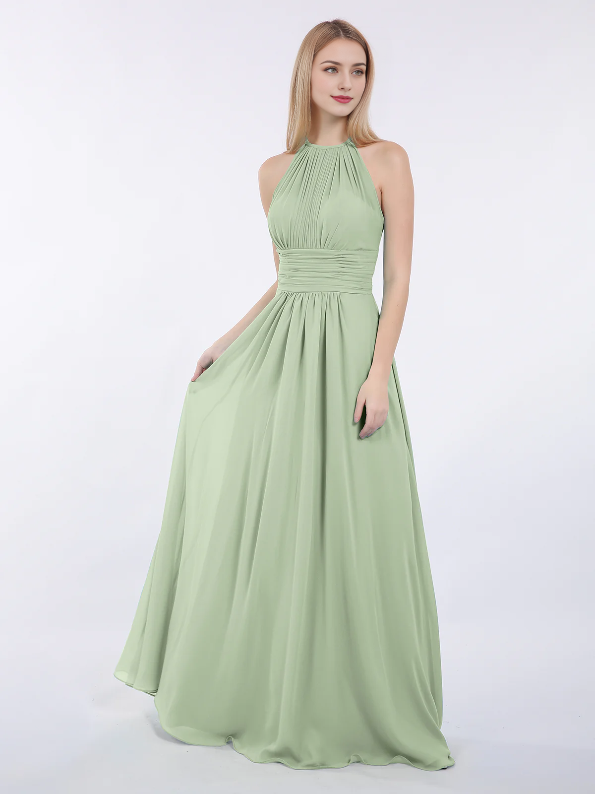 Hanging neck chiffon extra long bridesmaid dress