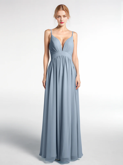 Deep V-neck high waisted chiffon long dress