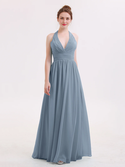 Hanging neck V-neck chiffon bridesmaid dress