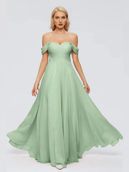 Off shoulder chiffon and floor length bridesmaid dress