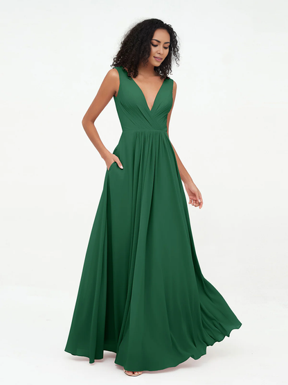 V-neck chiffon long pocket dress