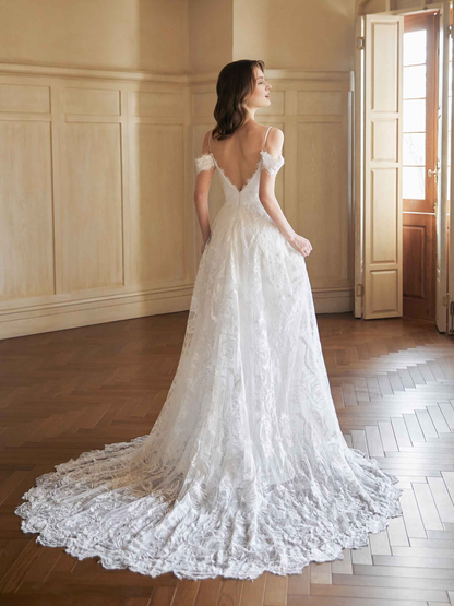 Sexy side slit off shoulder A-line backless V-neck extra long lace wedding dress