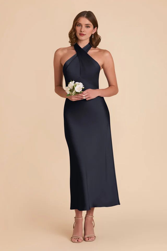 Rear tie neck matte satin and ankle length bridesmaid dress