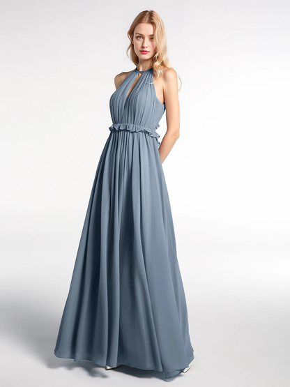 Keyhole collar backless chiffon long dress