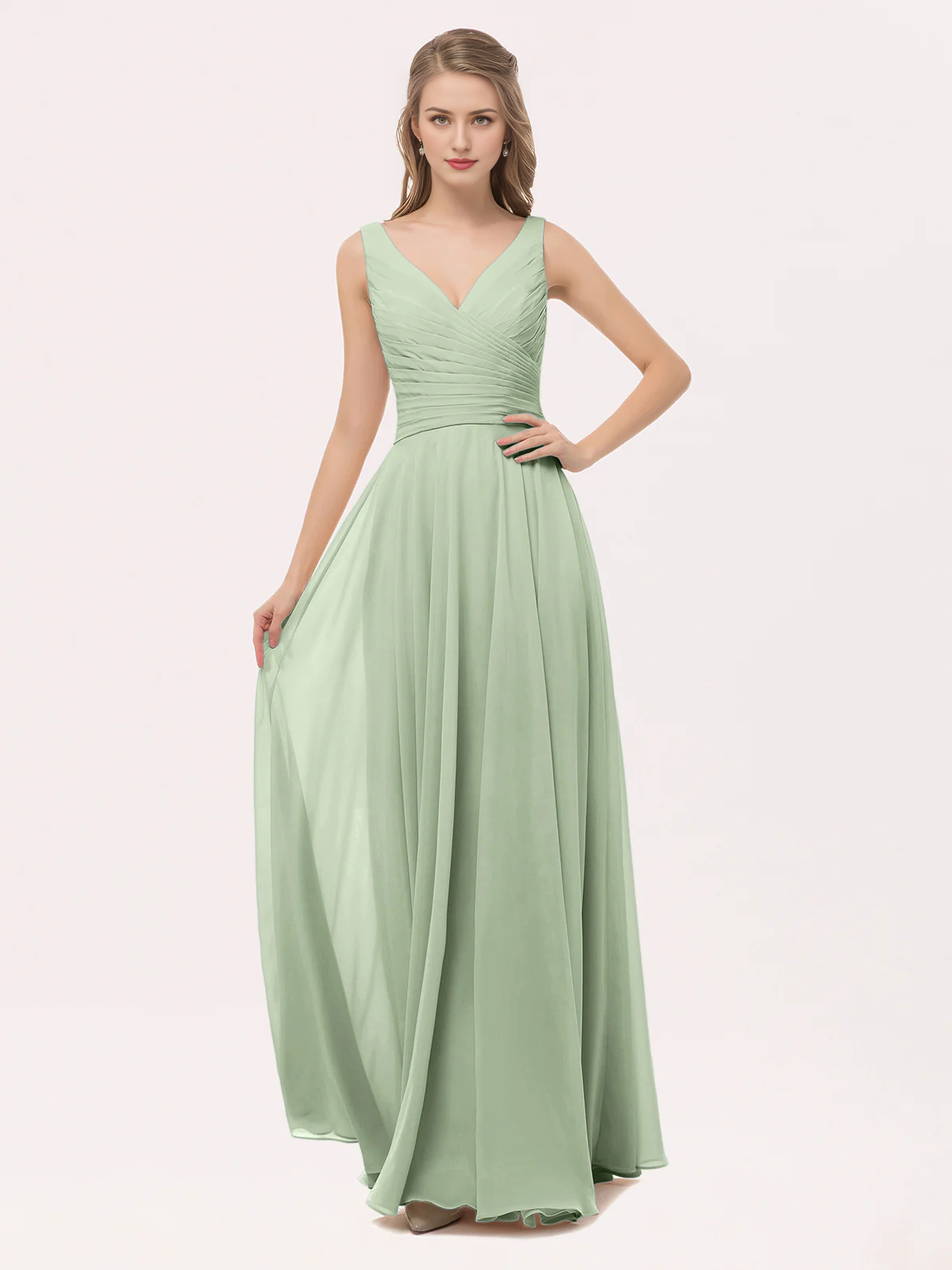 V-neck bow chiffon long bridesmaid dress