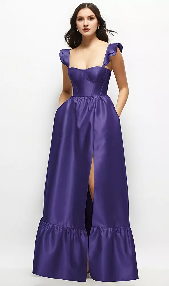 Ruffle shoulder strap satin tight corset long bridesmaid dress