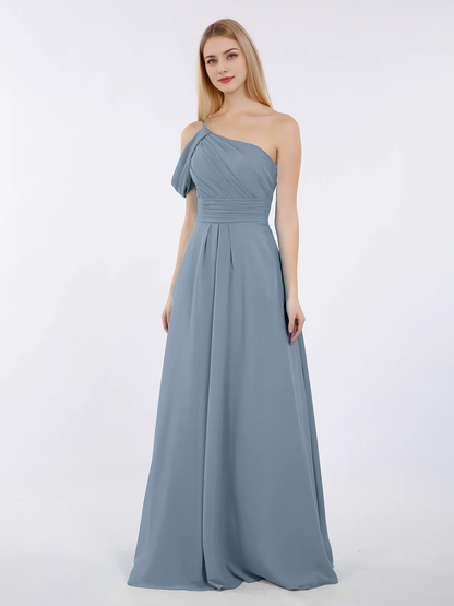 One shoulder chiffon long bridesmaid dress