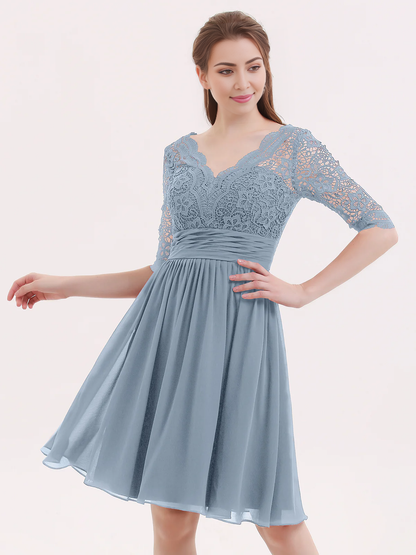 Lace chiffon five quarter sleeve short dress