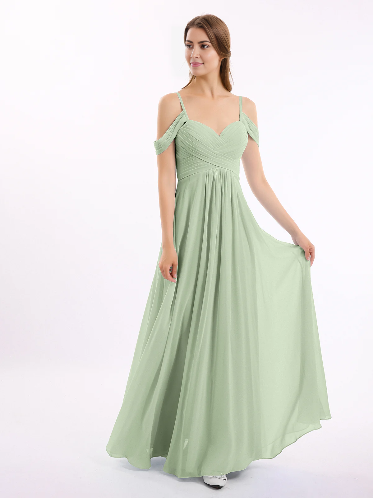 Off shoulder thin shoulder strap chiffon dress