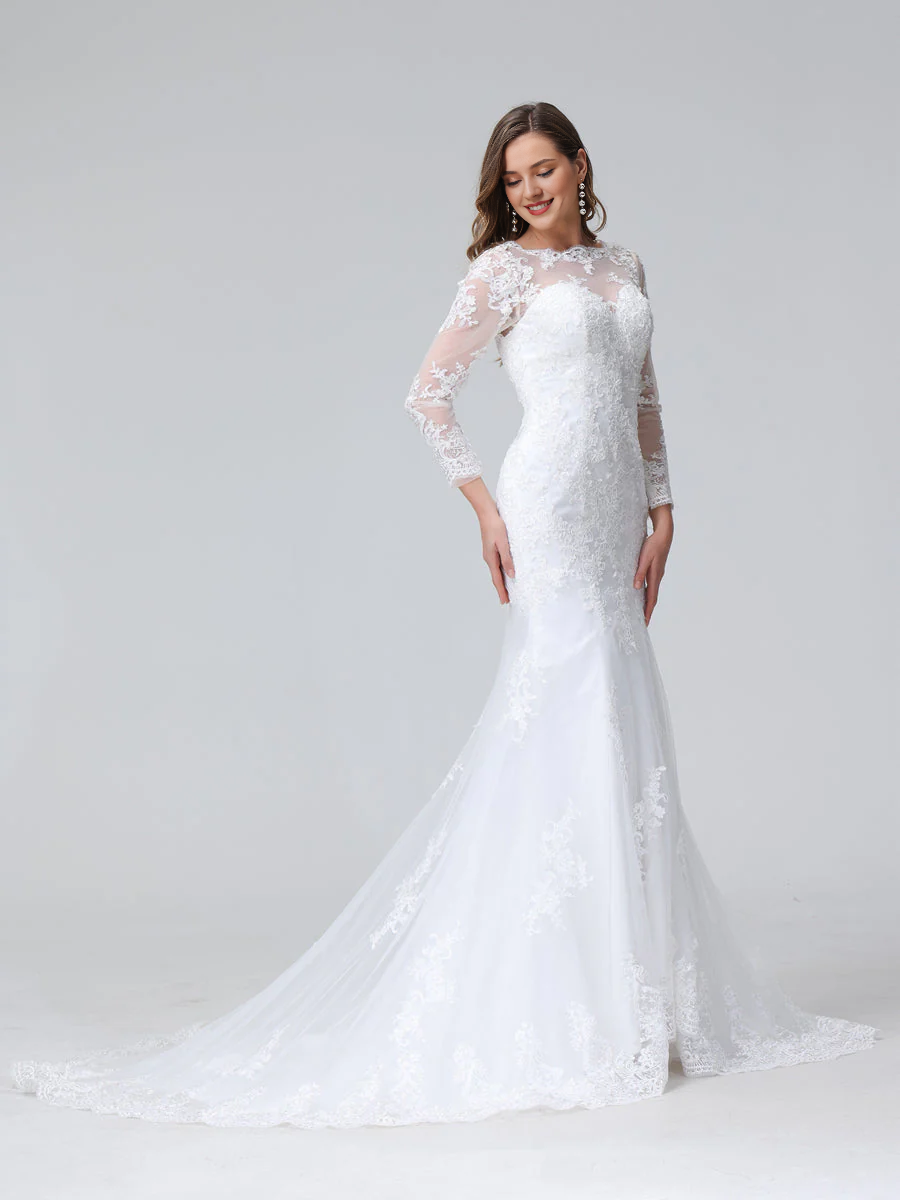 Horn fish tail long sleeved embroidered lace wedding dress