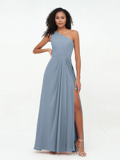 Split grey rose one shoulder chiffon bridesmaid dress