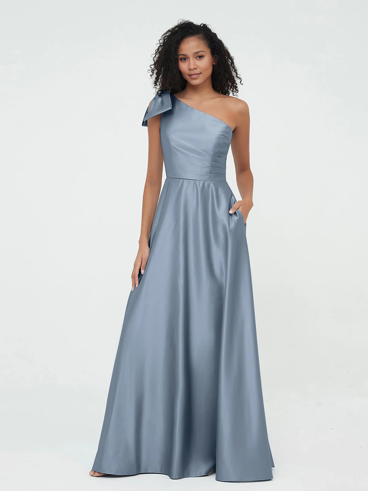 Pocket one shoulder long satin bridesmaid dress