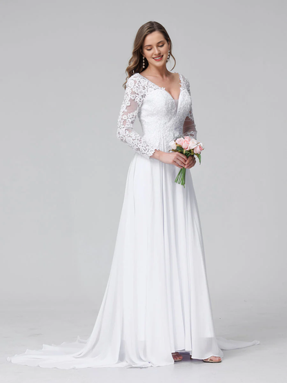 A-line V-neck long sleeved lace applique long chiffon wedding dress